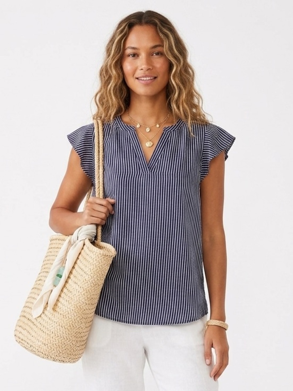 Adrianna Papell Navy White Striped Flutter Sleeve Split V-Neck Blouse Small
